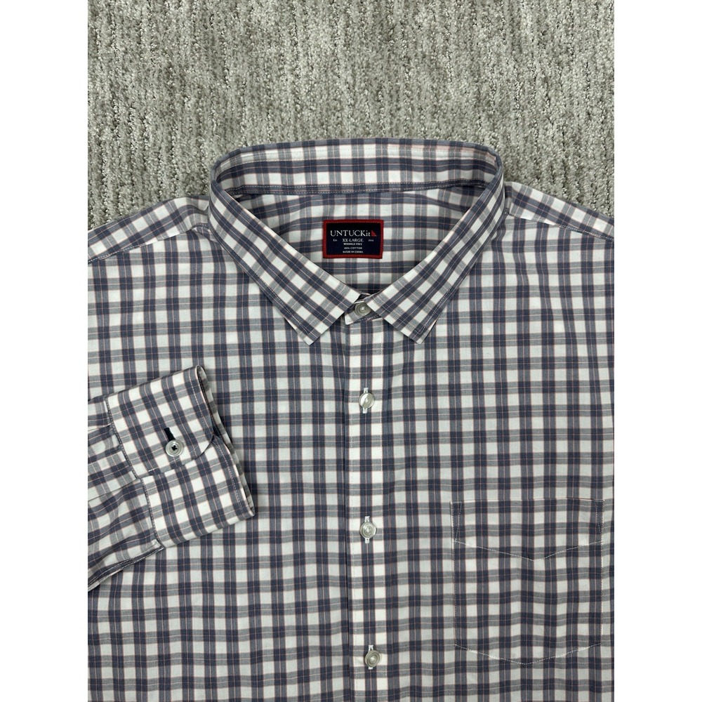 Untuckit Button Down Shirt Mens 2XL Blue Plaid Relaxed Fit Wrinkle Free Casual